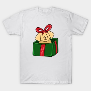 Cute Christmas Holiday Dog in a Red and Green Giftbox Present, made by EndlessEmporium T-Shirt